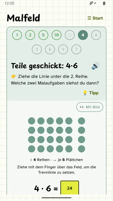 Aufgabe „Teile geschickt: 4&nbsp;·&nbsp;6“ mit einem Punktefeld aus vier Reihen zu sechs Plättchen und der Aufforderung, die Linie unter die 2. Reihe zu ziehen.