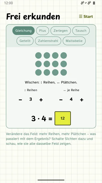 „Frei erkunden“: ein Punktefeld mit drei Reihen zu vier, Plus- und Minus-Knöpfe für Reihen und Plättchen, darunter 3&nbsp;·&nbsp;4&nbsp;=&nbsp;12.