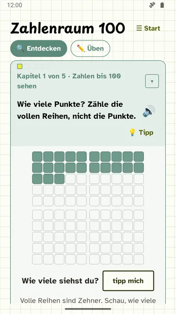 „Zahlenraum 100“: Wie viele Punkte? Zähle die vollen Reihen, nicht die Punkte. Darunter ein Hunderterfeld.