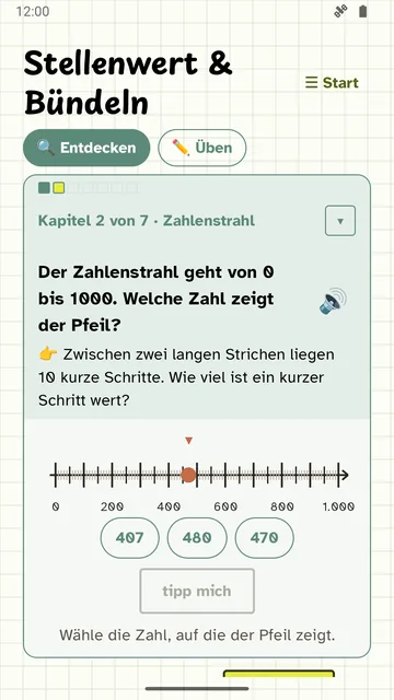 „Stellenwert & Bündeln“: Der Zahlenstrahl geht von 0 bis 1000. Welche Zahl zeigt der Pfeil? Zur Wahl 467, 480, 470.