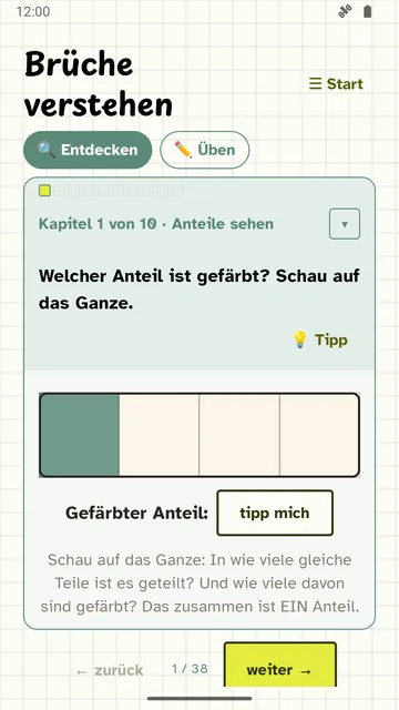 „Brüche verstehen“: Welcher Anteil ist gefärbt? Ein Streifen in vier Teile geteilt, einer davon gefärbt.